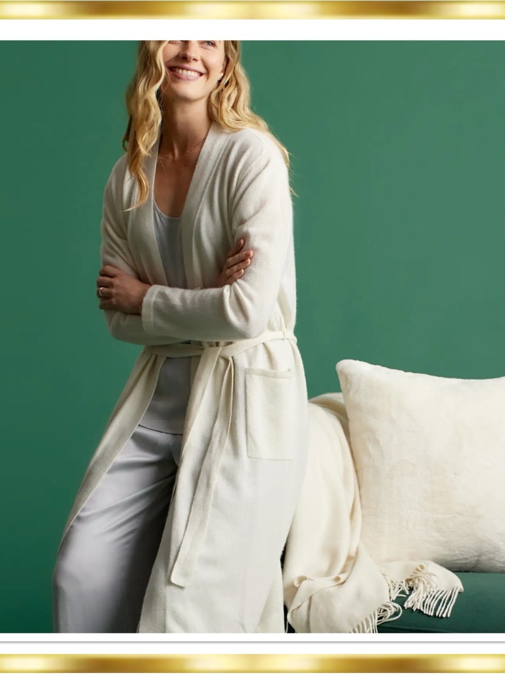 Hammacher 100% Cashmere Belted Duster Cream Robe size Small Luxurious w/Pockets
